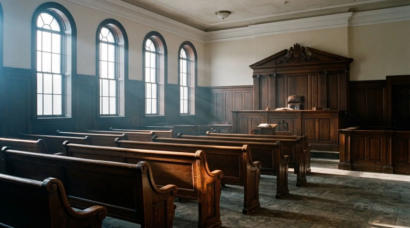 Een lege rechtszaal met houten banken in het ochtendlicht