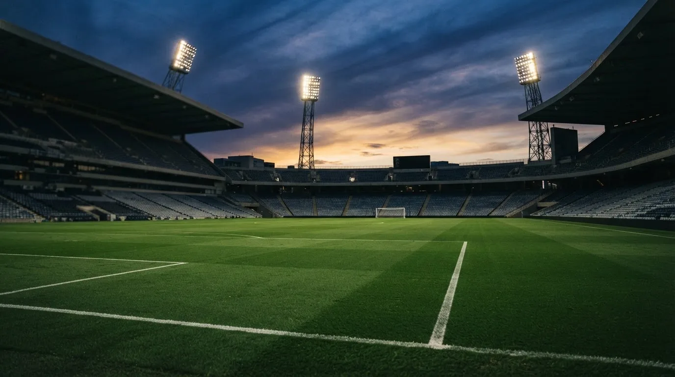 Een leeg voetbalstadion met lichtmasten bij schemering