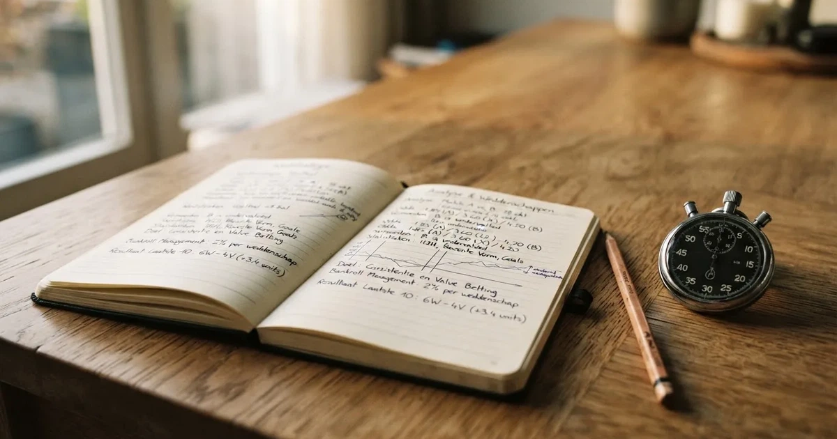 Een opengeslagen notitieboek met een potlood en een stopwatch op een houten tafel