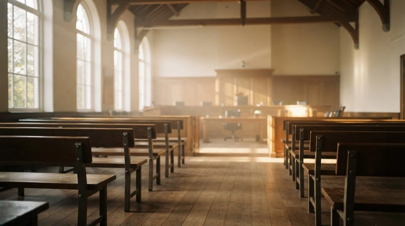 Een lege rechtszaal met houten banken in het ochtendlicht