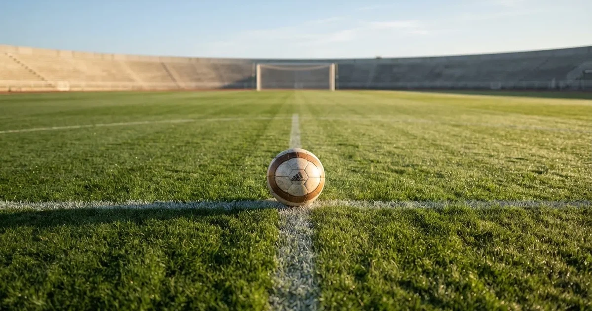 Een voetbal op de middenstip van een grasveld in het ochtendlicht