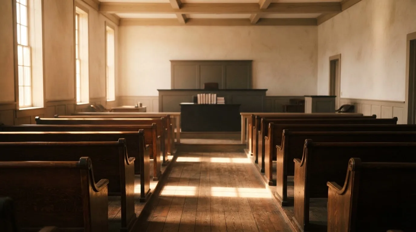 Een lege rechtszaal met houten banken in het ochtendlicht