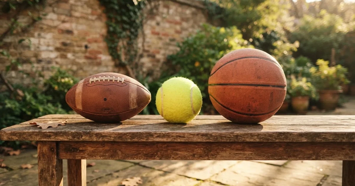 Drie ballen van verschillende soorten naast elkaar op een houten bank