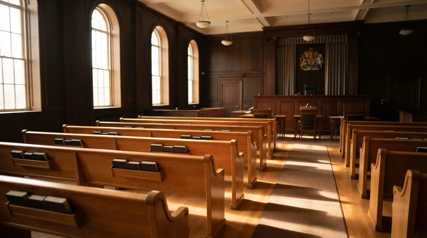 Een lege rechtszaal met houten banken in het ochtendlicht