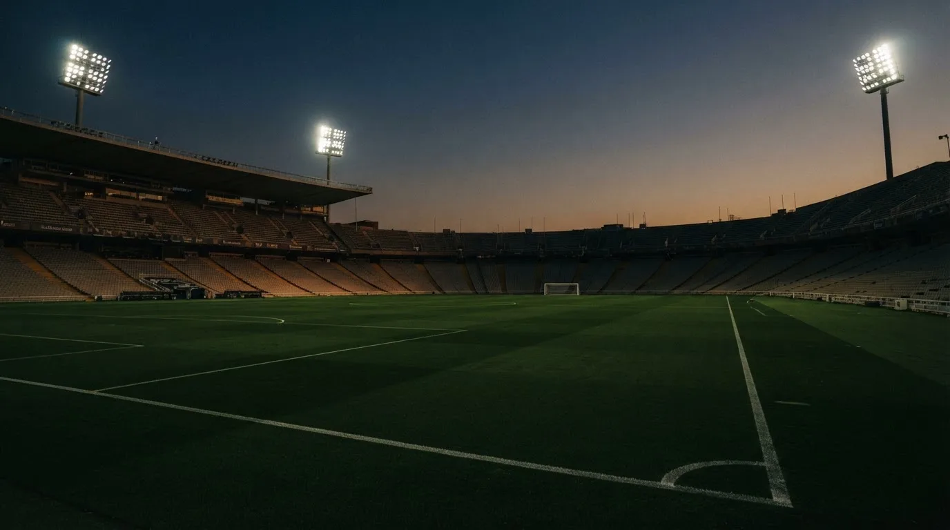 Een leeg voetbalstadion met lichtmasten bij schemering