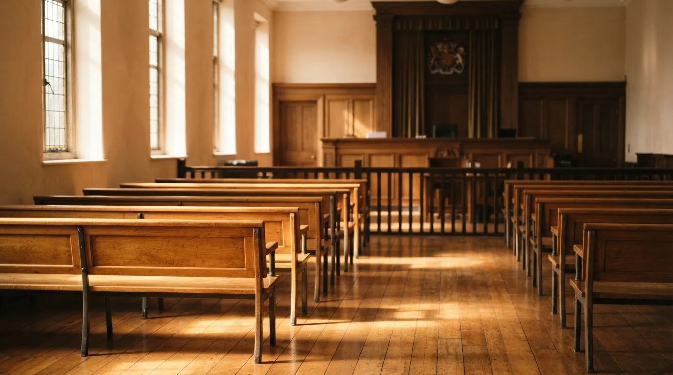 Een lege rechtszaal met houten banken in het ochtendlicht