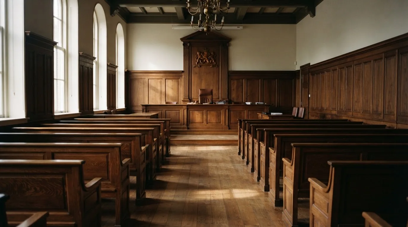 Een lege rechtszaal met houten banken in het ochtendlicht