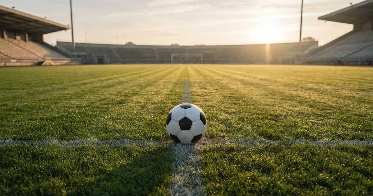 Een voetbal op de middenstip van een grasveld in het ochtendlicht