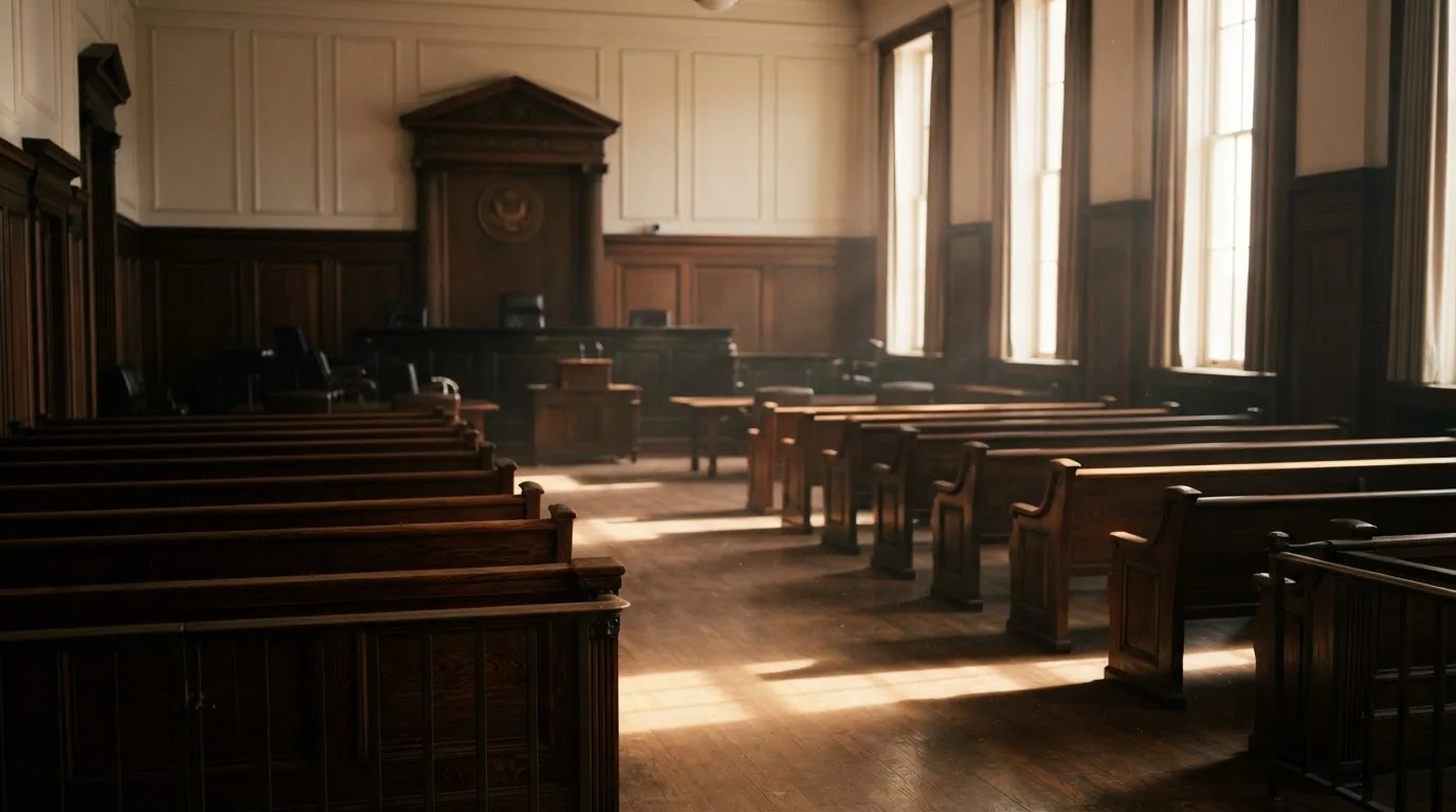 Een lege rechtszaal met houten banken in het ochtendlicht