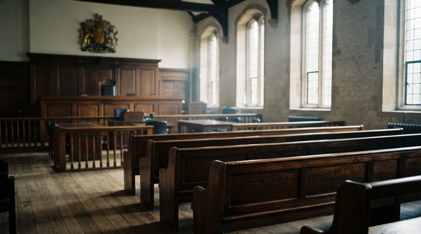 Een lege rechtszaal met houten banken in het ochtendlicht