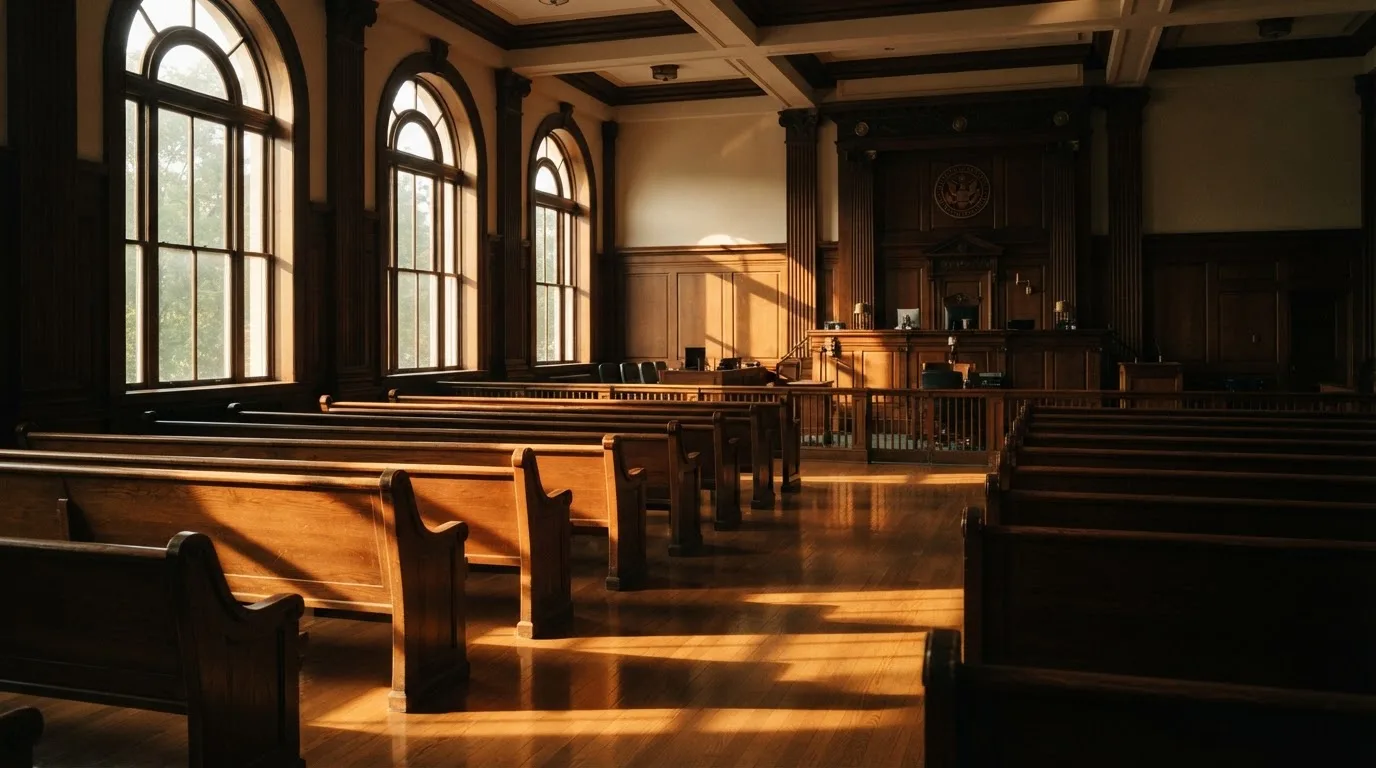 Een lege rechtszaal met houten banken in het ochtendlicht