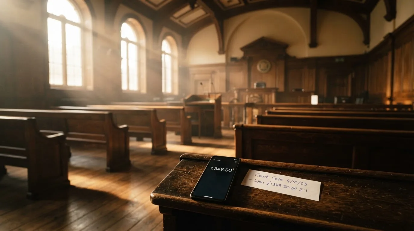 Een lege rechtszaal met houten banken in het ochtendlicht