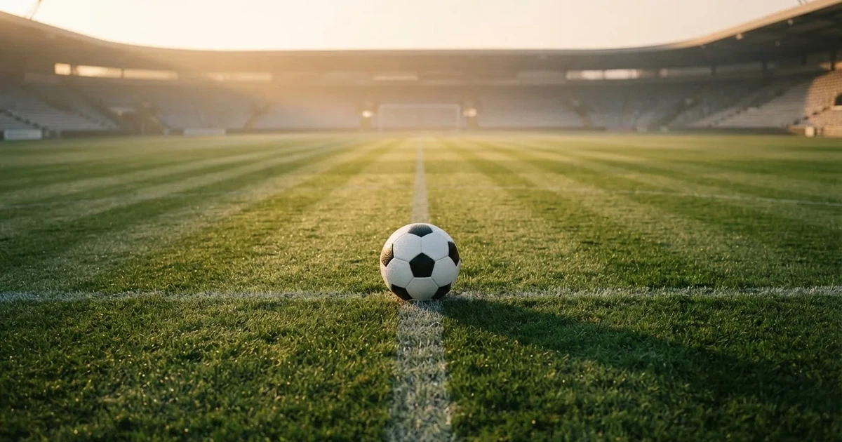 Een voetbal op de middenstip van een grasveld in het ochtendlicht