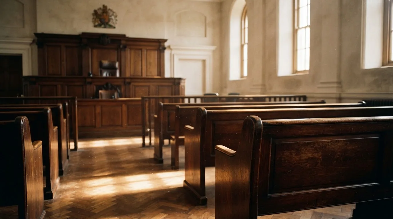 Een lege rechtszaal met houten banken in het ochtendlicht