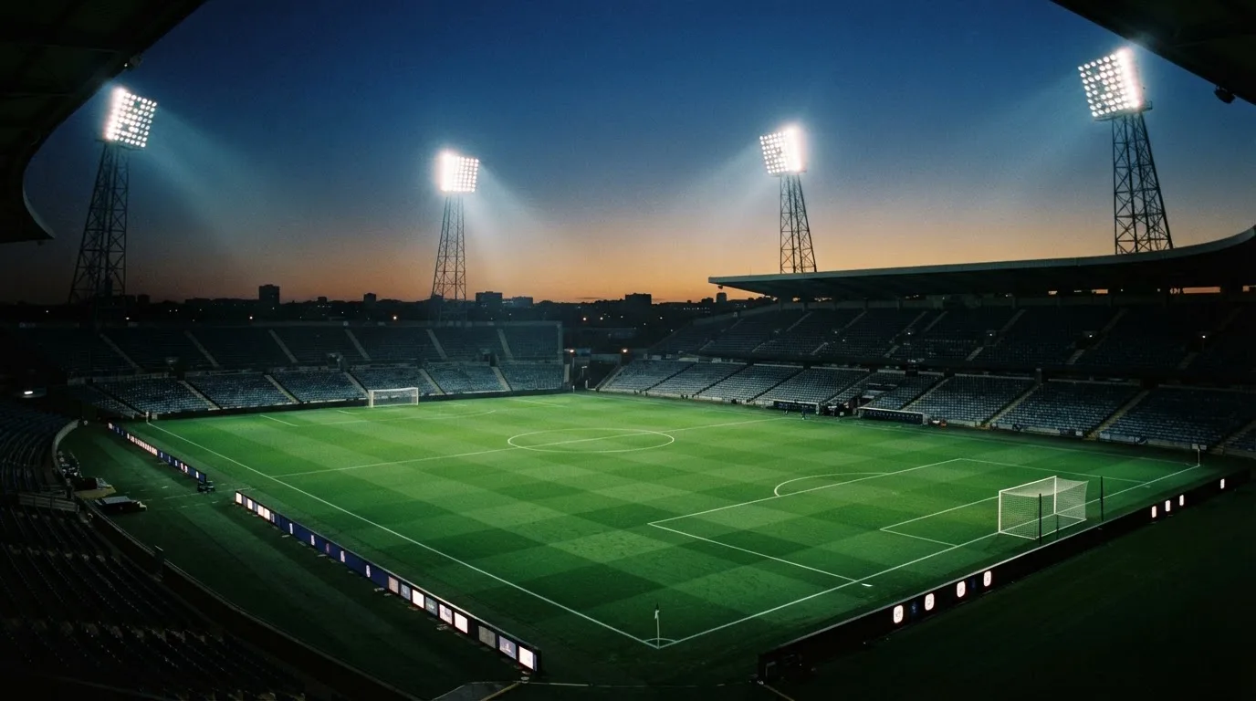 Een leeg voetbalstadion met lichtmasten bij schemering