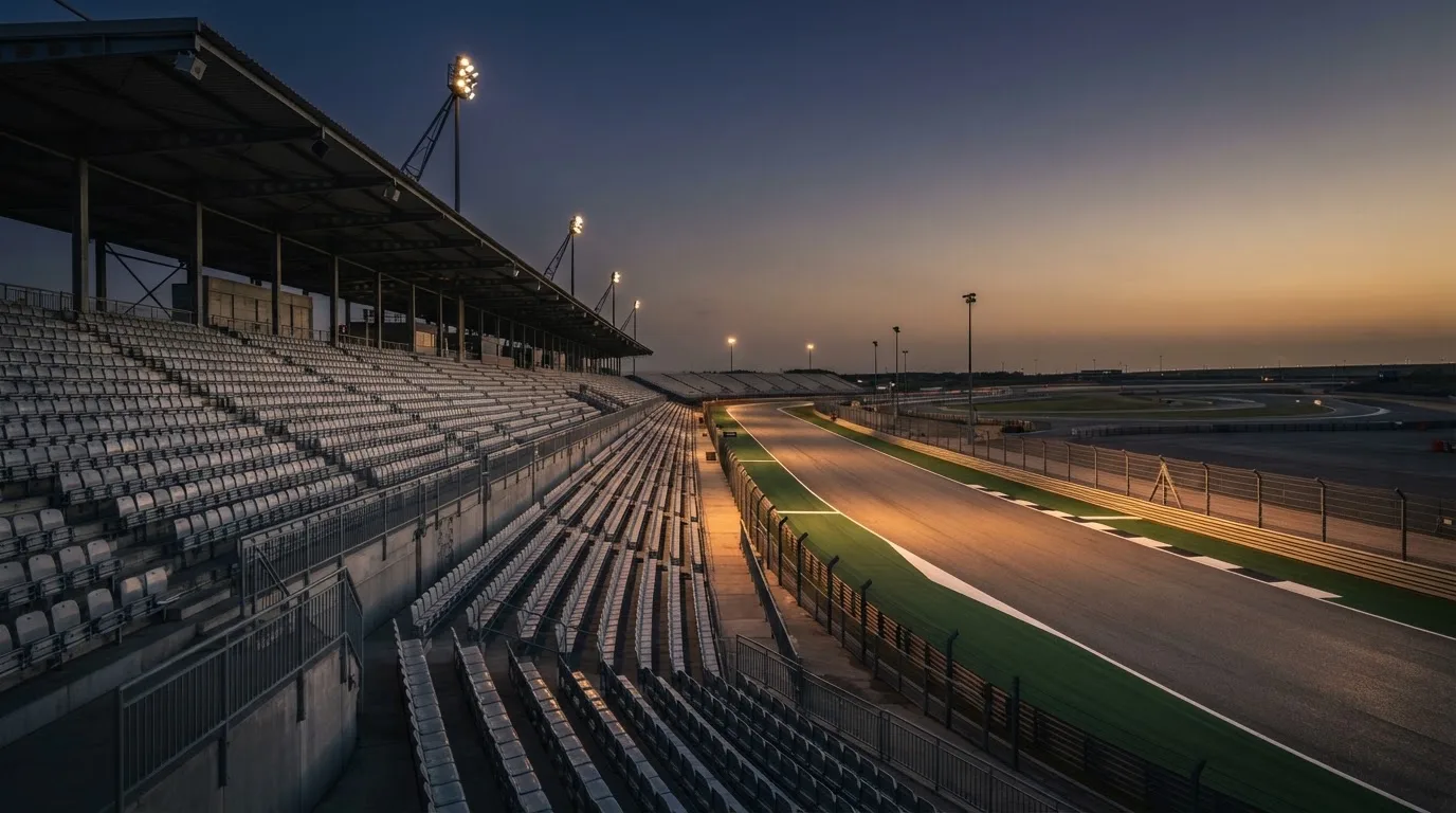 Een leeg voetbalstadion met lichtmasten bij schemering