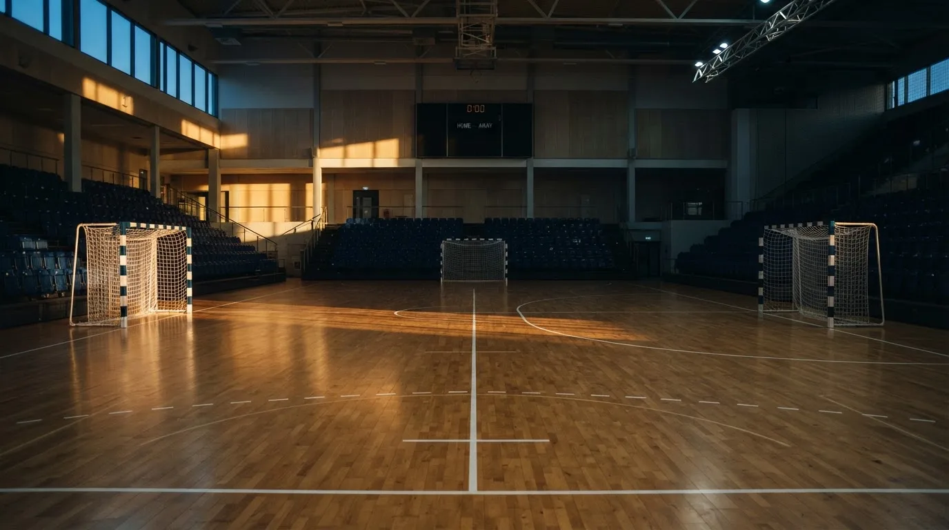 Een leeg voetbalstadion met lichtmasten bij schemering