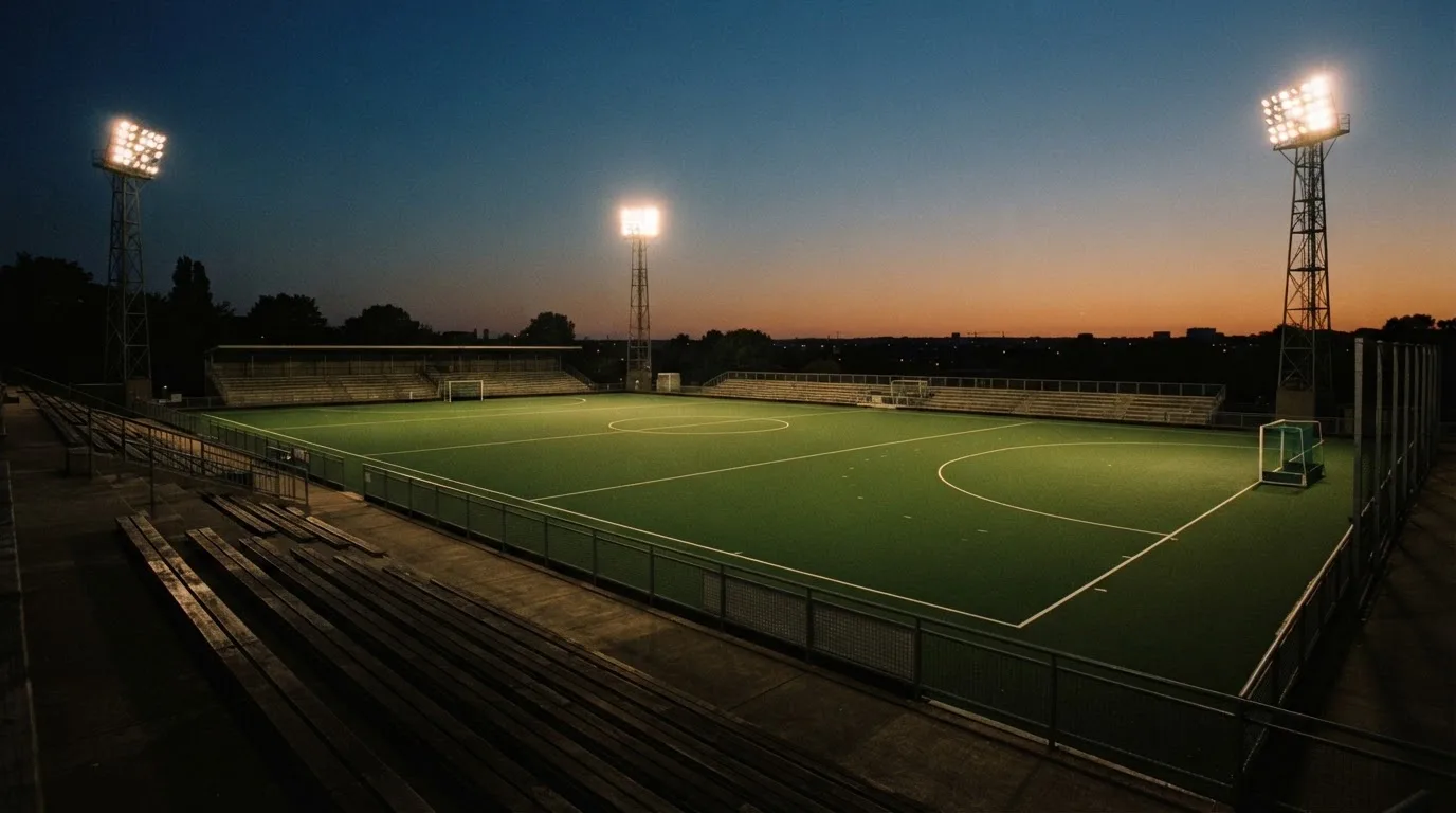 Een leeg voetbalstadion met lichtmasten bij schemering