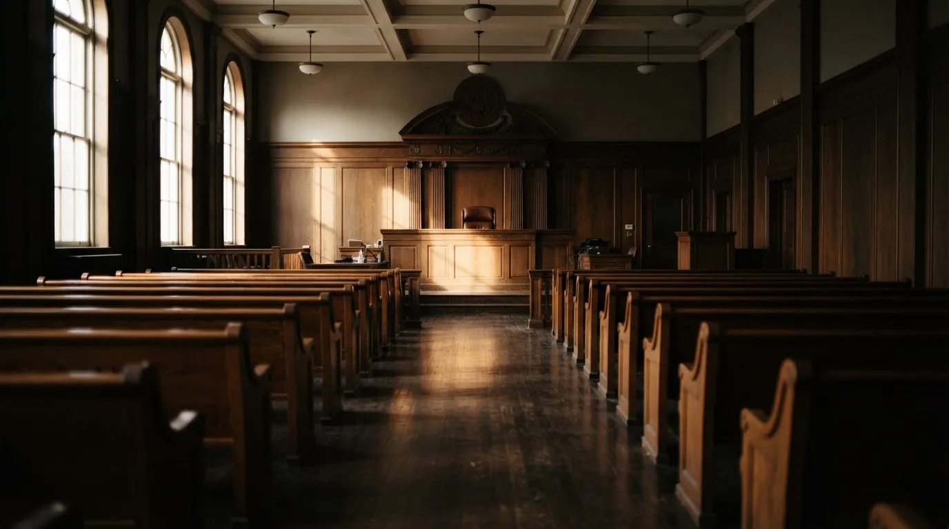 Een lege rechtszaal met houten banken in het ochtendlicht