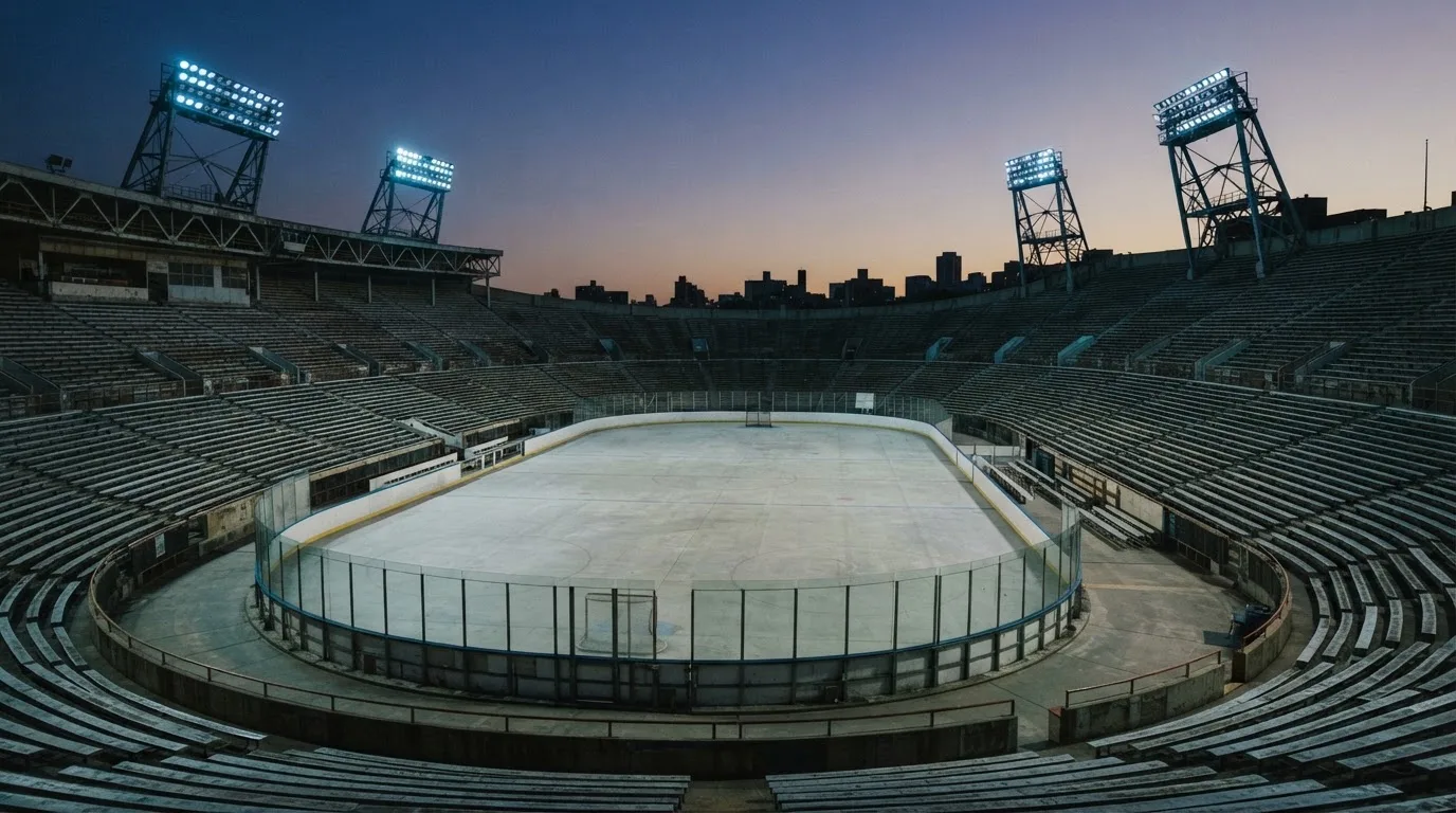Een leeg voetbalstadion met lichtmasten bij schemering