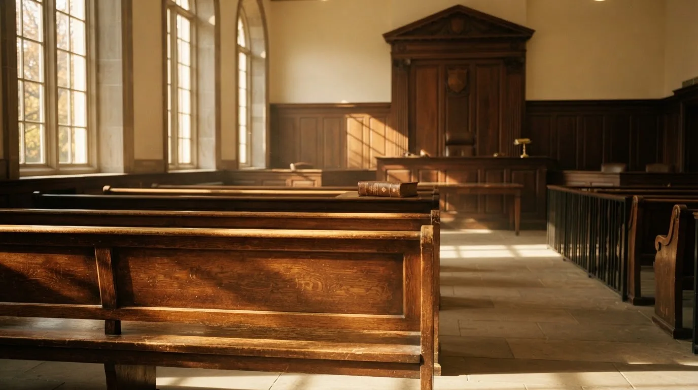 Een lege rechtszaal met houten banken in het ochtendlicht