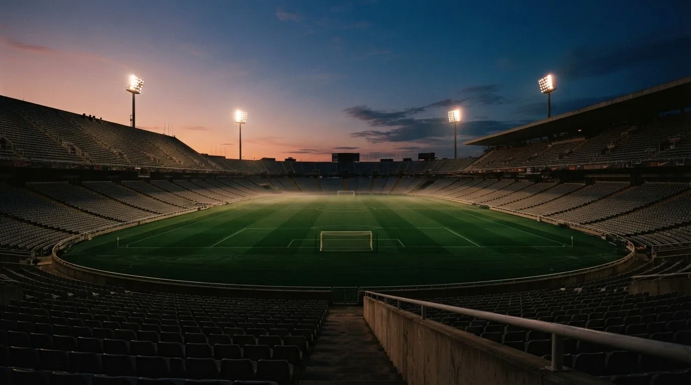 Een leeg voetbalstadion met lichtmasten bij schemering