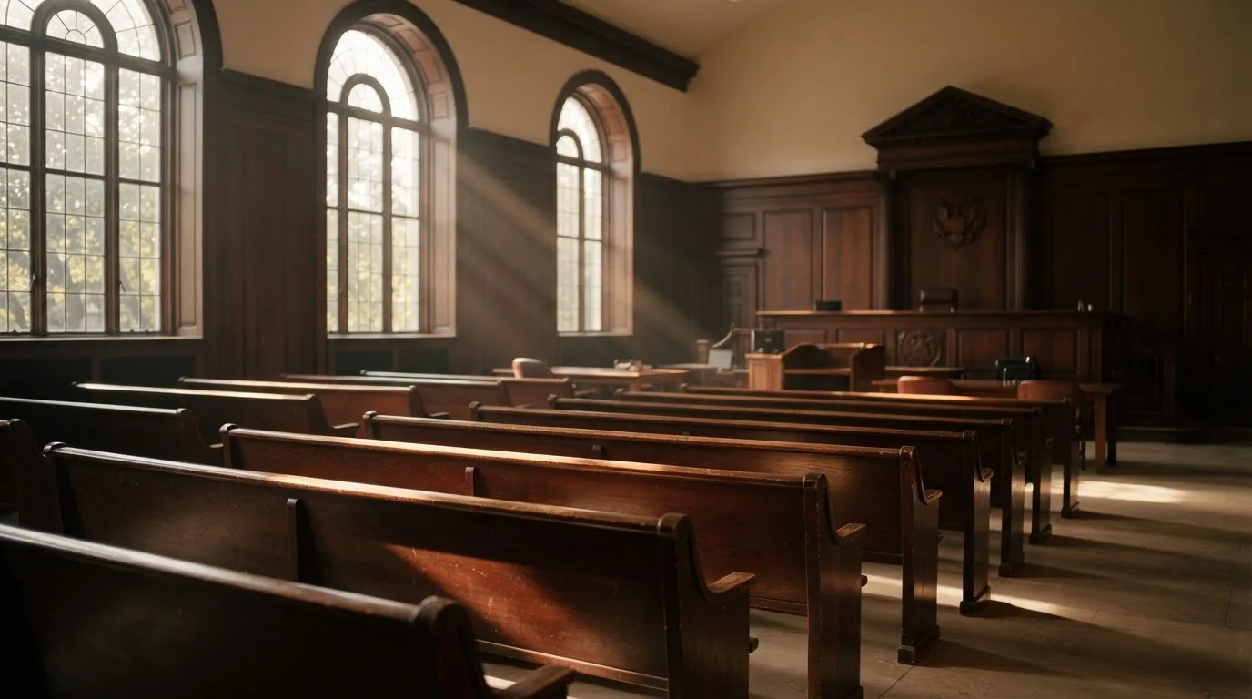 Een lege rechtszaal met houten banken in het ochtendlicht