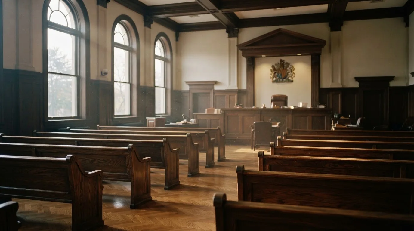 Een lege rechtszaal met houten banken in het ochtendlicht