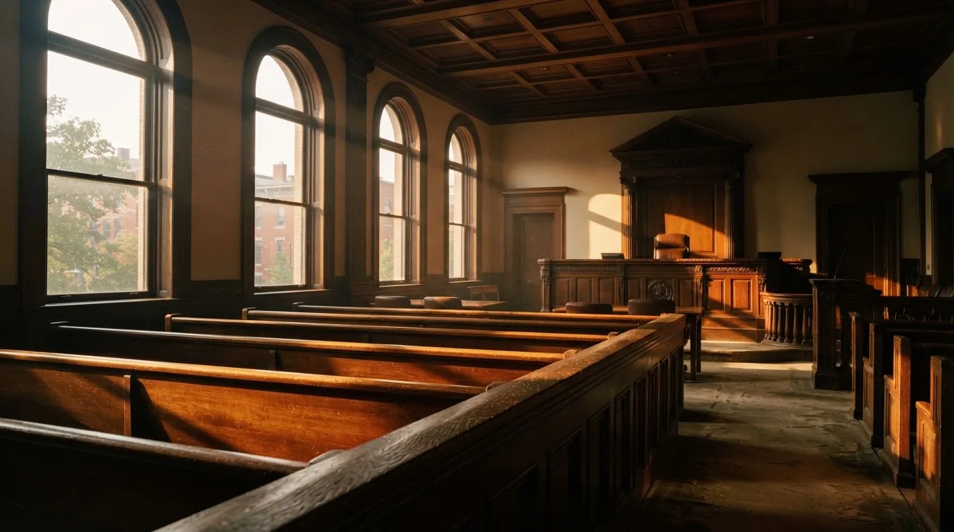 Een lege rechtszaal met houten banken in het ochtendlicht