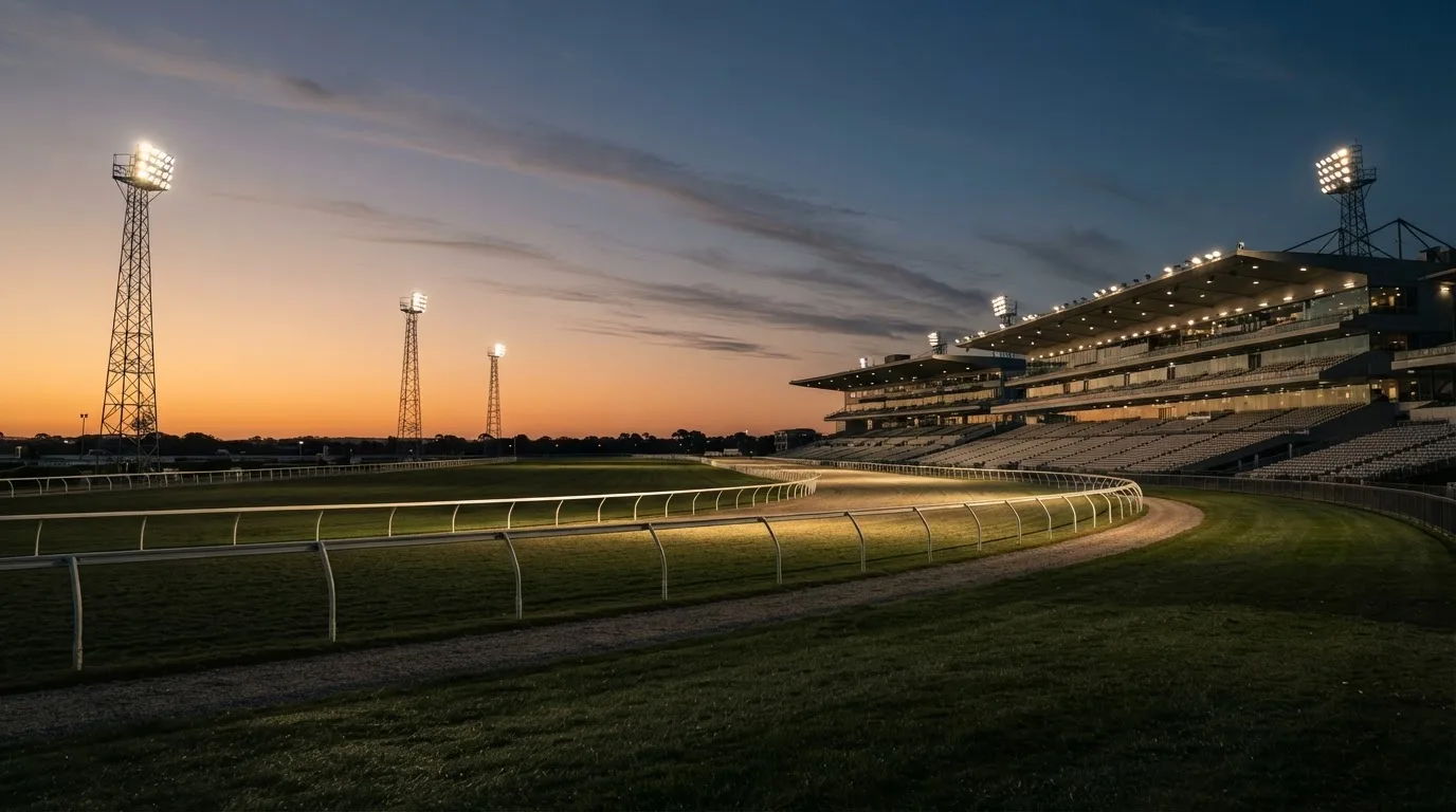 Een leeg voetbalstadion met lichtmasten bij schemering