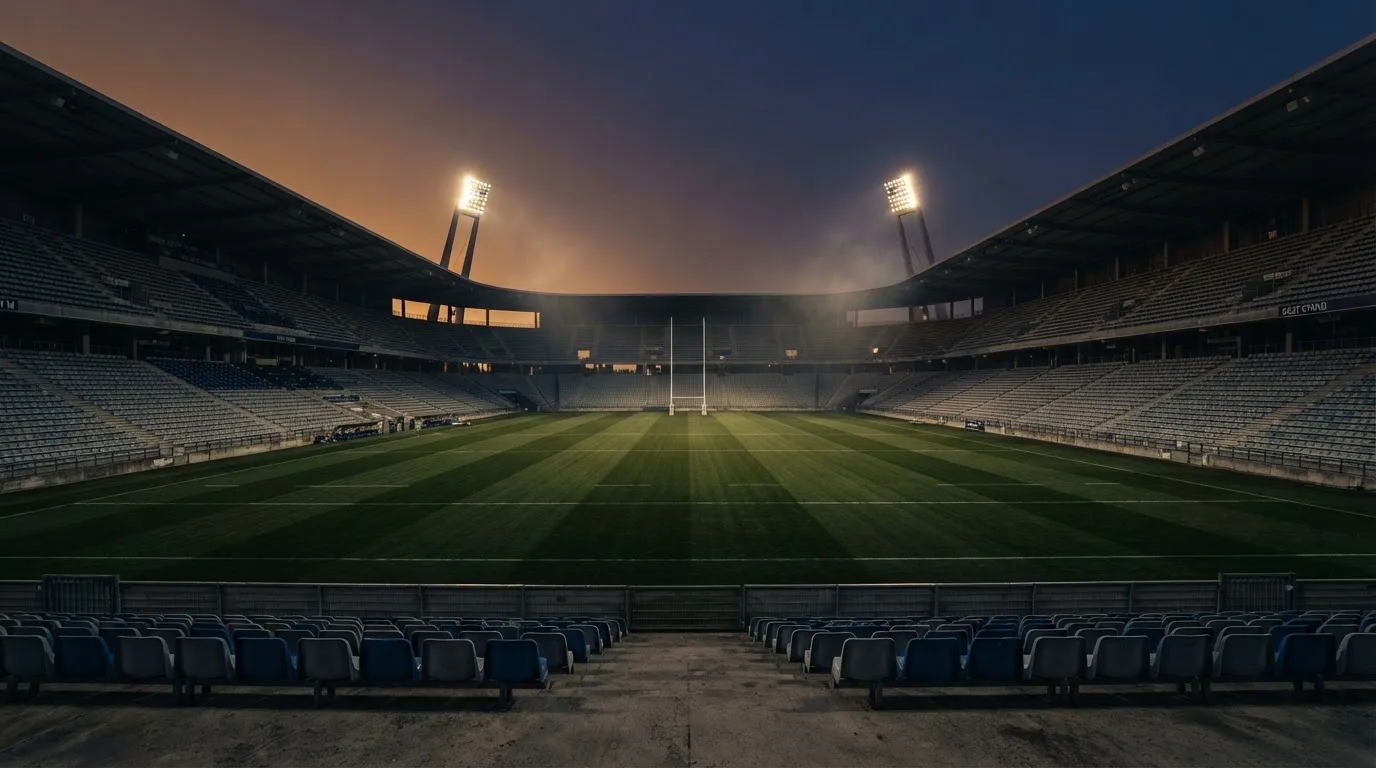 Een leeg voetbalstadion met lichtmasten bij schemering