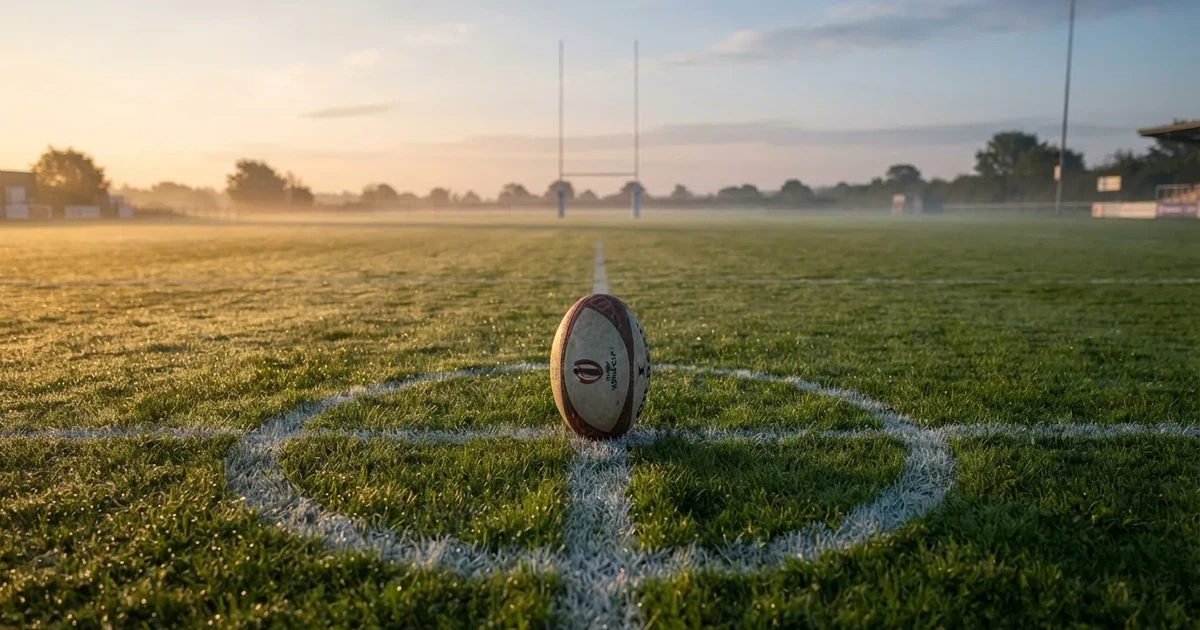 Een voetbal op de middenstip van een grasveld in het ochtendlicht