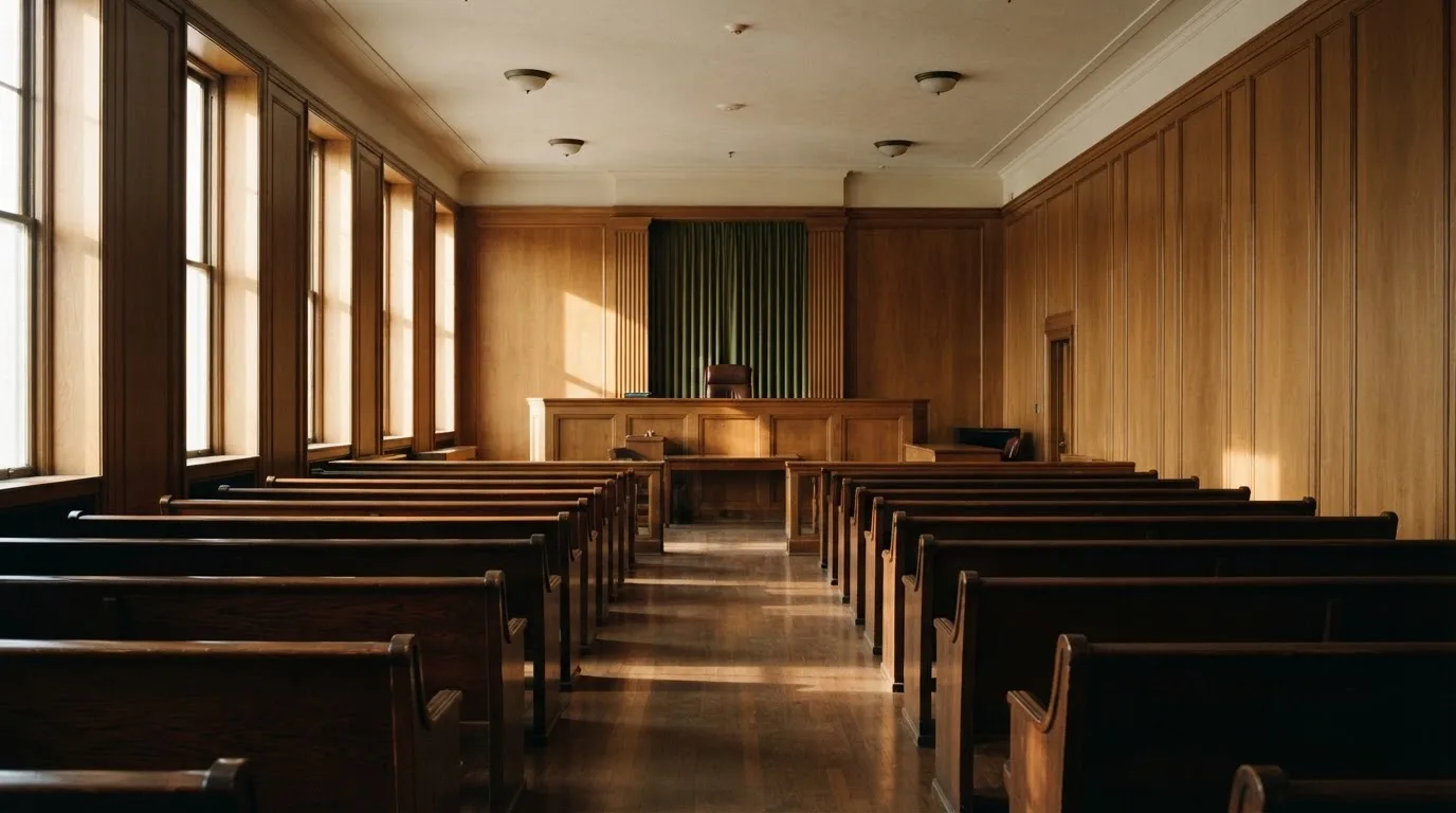 Een lege rechtszaal met houten banken in het ochtendlicht