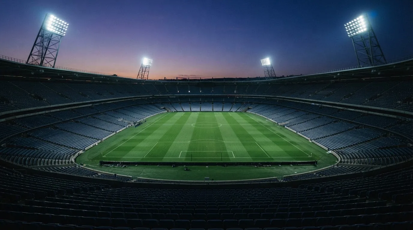Een leeg voetbalstadion met lichtmasten bij schemering