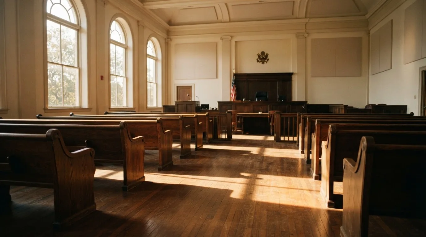 Een lege rechtszaal met houten banken in het ochtendlicht