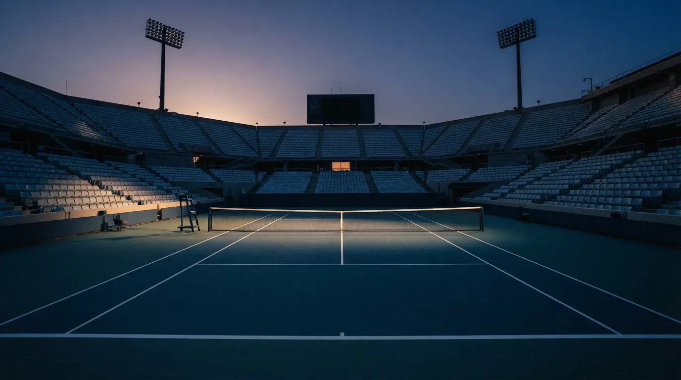 Een leeg voetbalstadion met lichtmasten bij schemering
