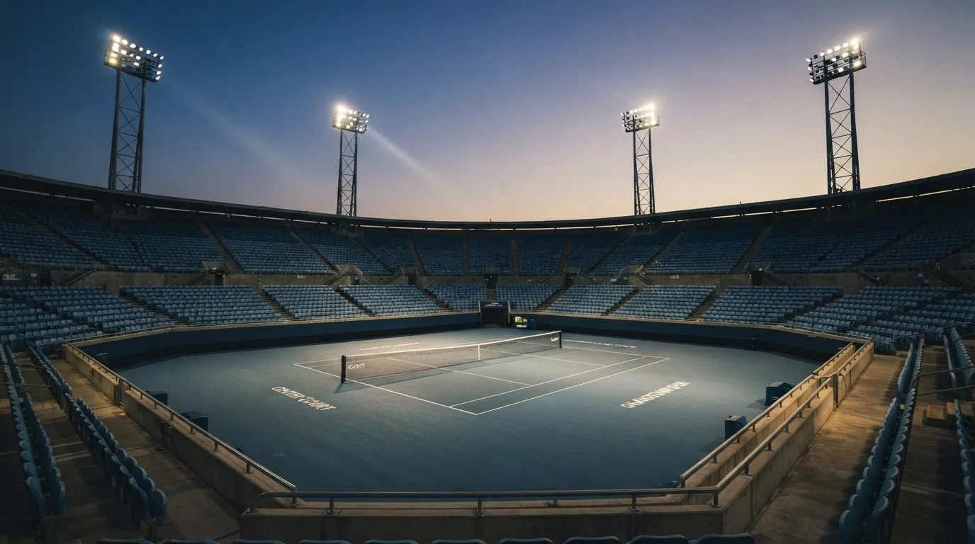 Een leeg voetbalstadion met lichtmasten bij schemering