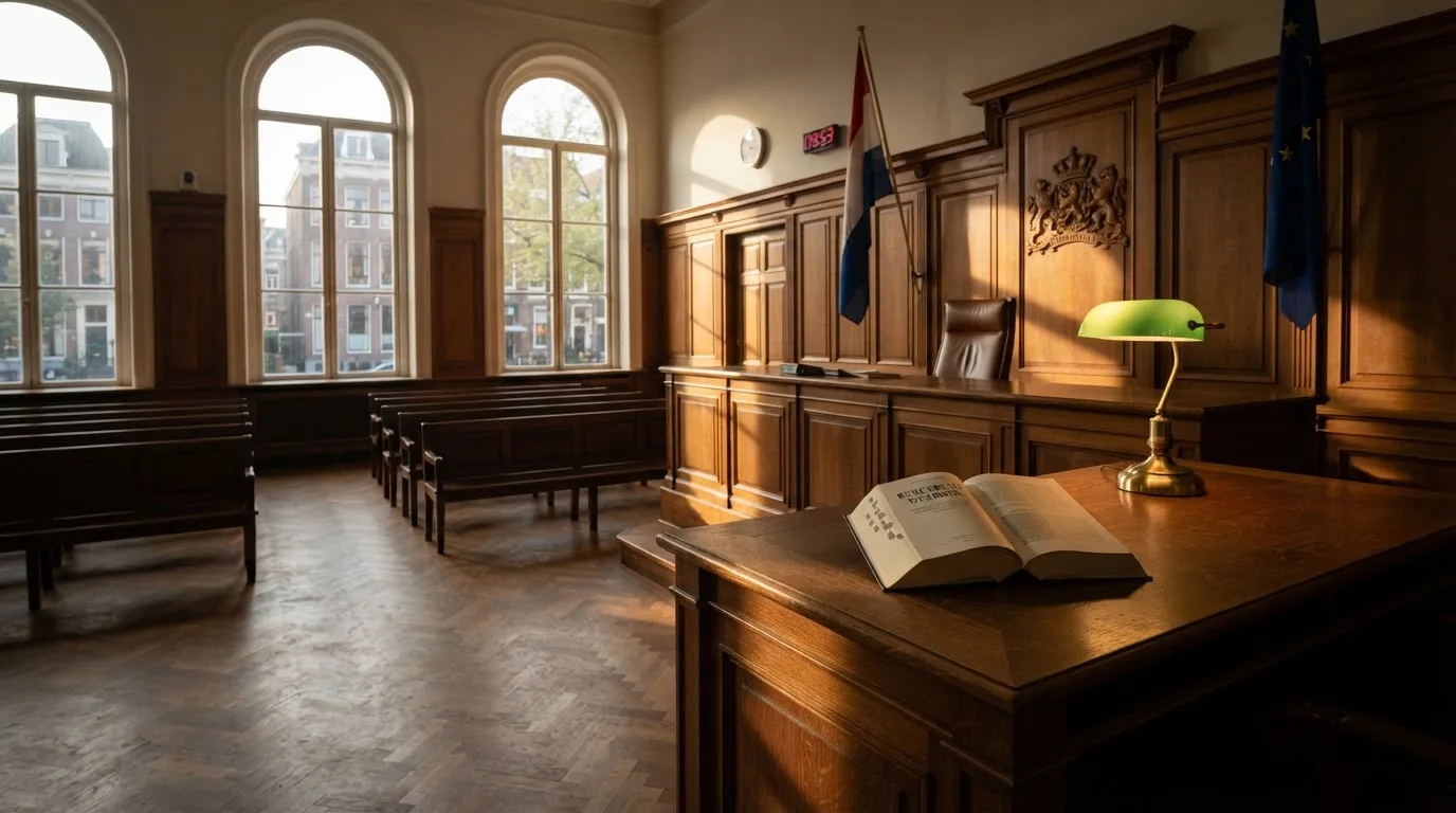 Een lege rechtszaal met houten banken in het ochtendlicht