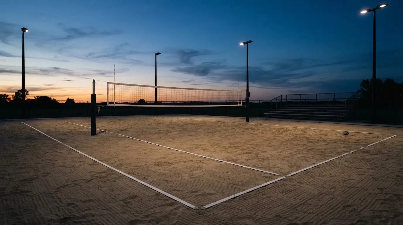 Een leeg voetbalstadion met lichtmasten bij schemering