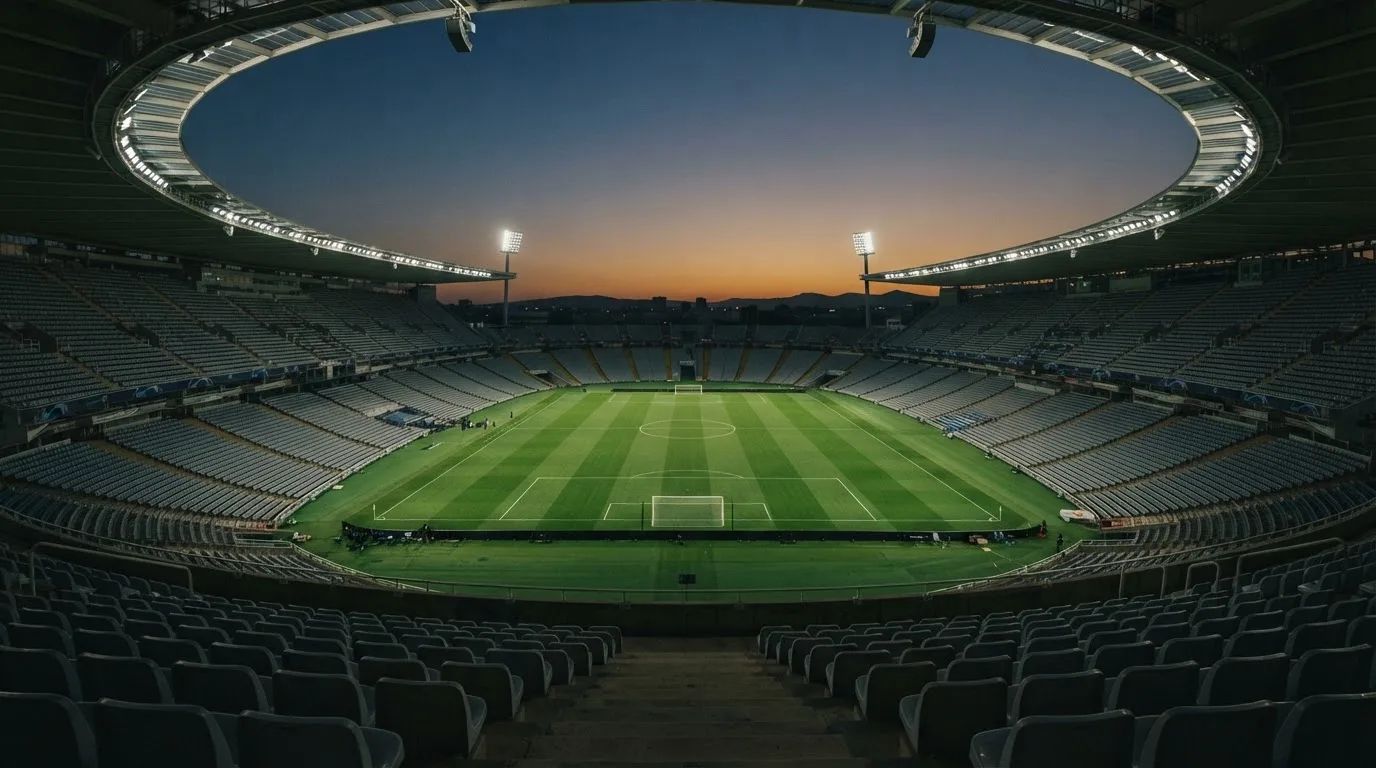 Een leeg voetbalstadion met lichtmasten bij schemering