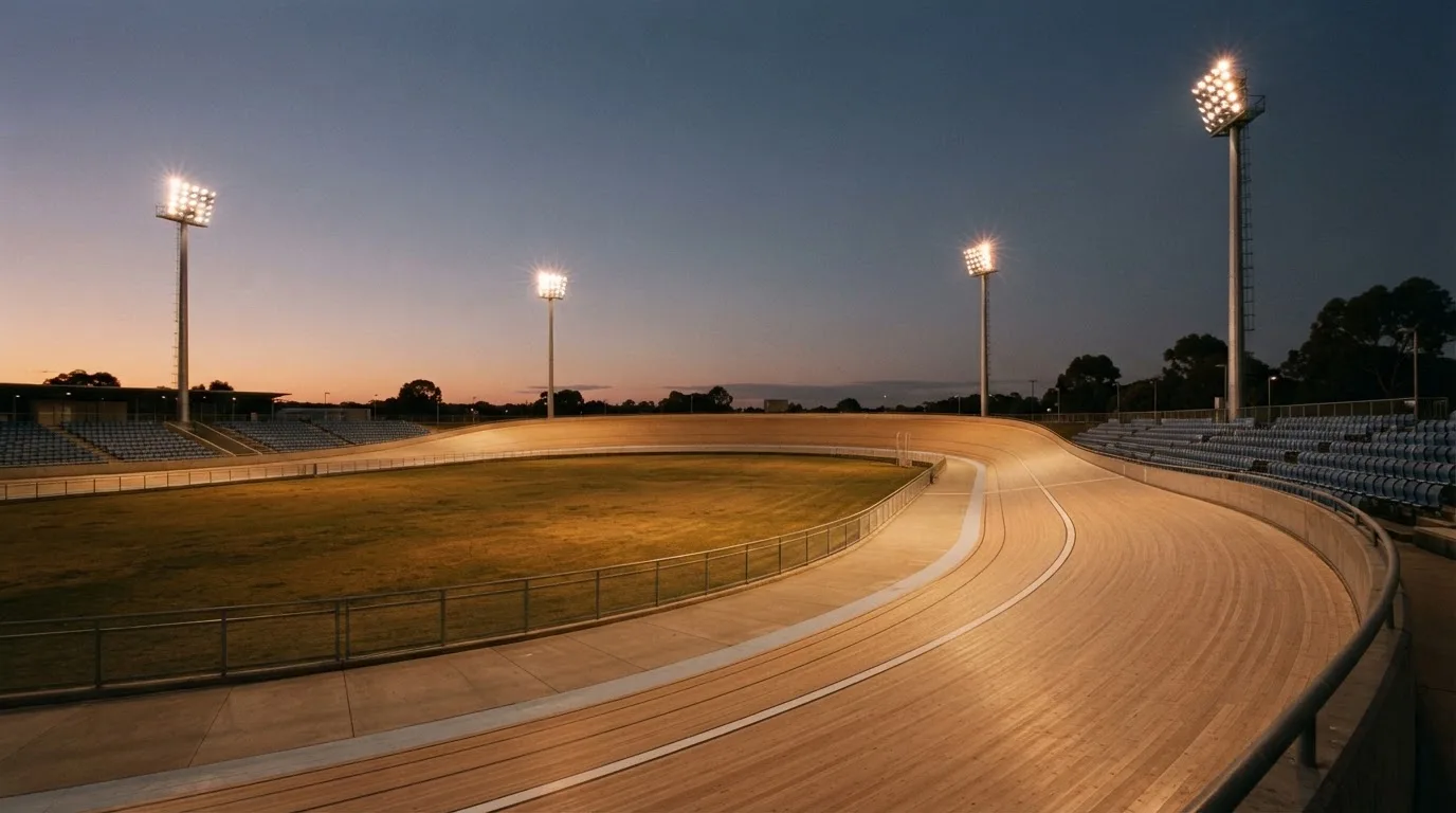 Een leeg voetbalstadion met lichtmasten bij schemering
