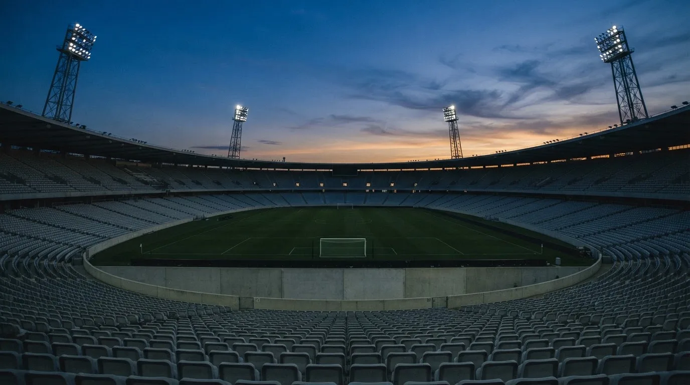 Een leeg voetbalstadion met lichtmasten bij schemering