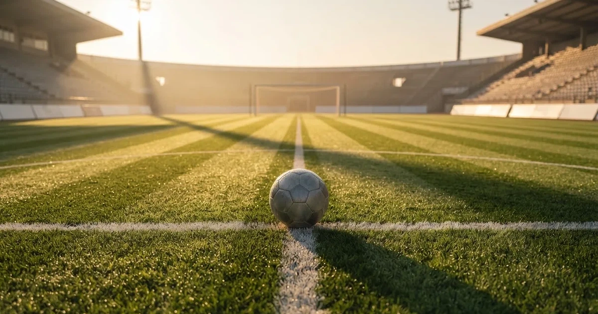 Een voetbal op de middenstip van een grasveld in het ochtendlicht