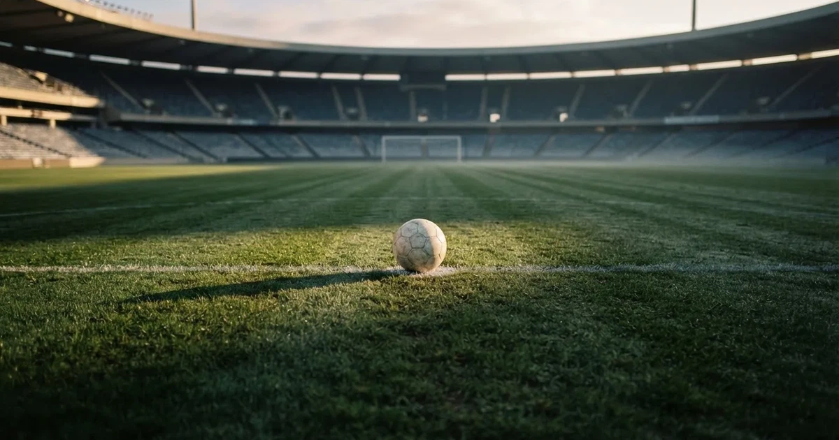 Een voetbal op de middenstip van een grasveld in het ochtendlicht