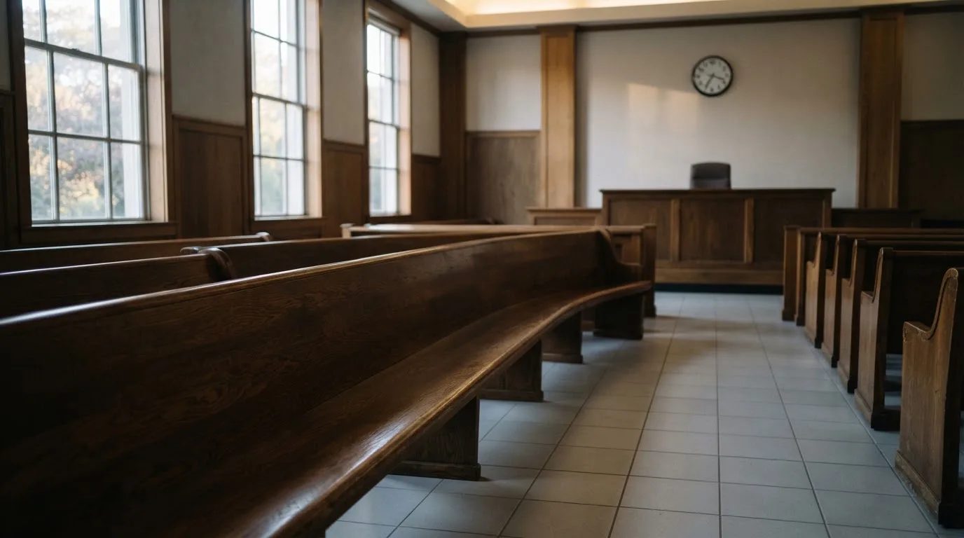 Een lege rechtszaal met houten banken in het ochtendlicht