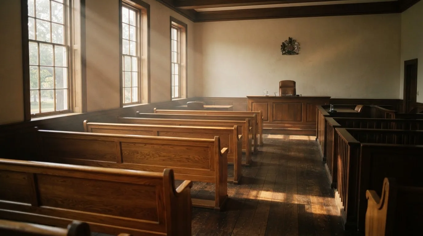 Een lege rechtszaal met houten banken in het ochtendlicht