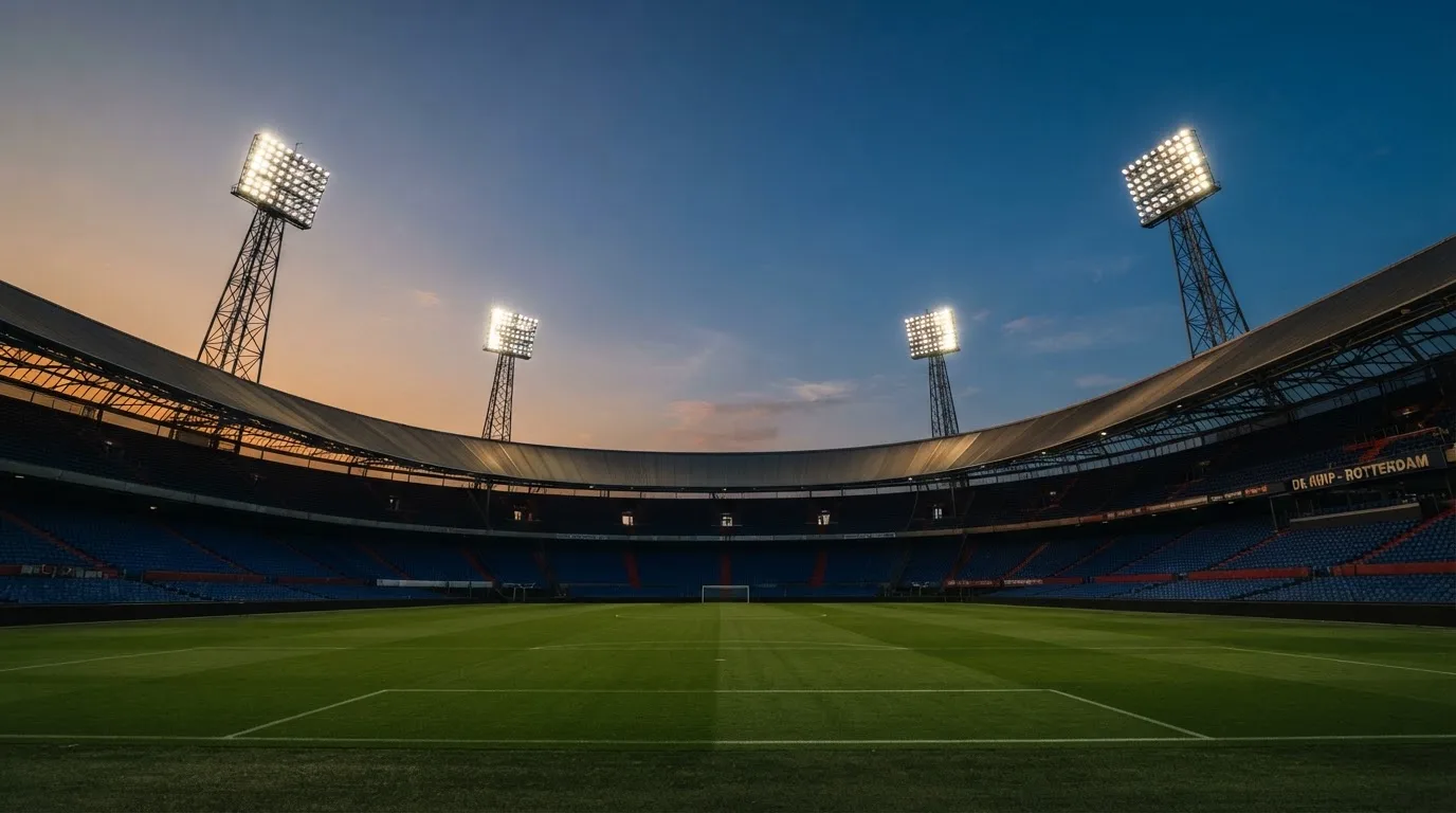 Een leeg voetbalstadion met lichtmasten bij schemering