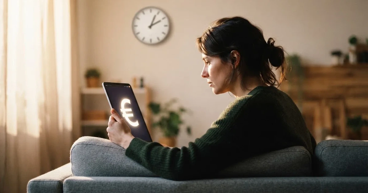 Een persoon op de bank kijkt peinzend naar een tablet, op de achtergrond een klok aan de muur