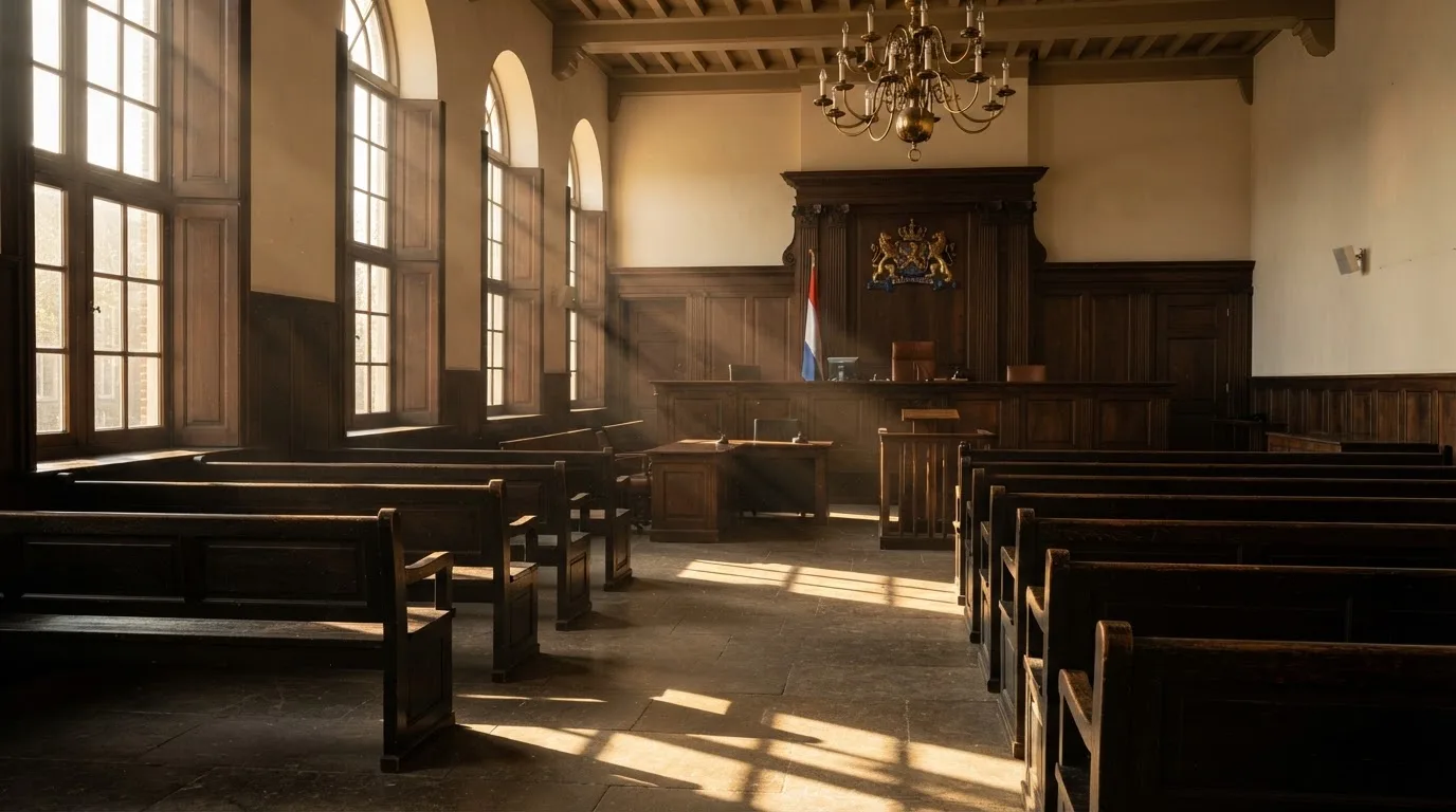 Een lege rechtszaal met houten banken in het ochtendlicht